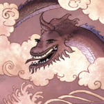 A violet dragon is surrounded by clouds in the sky, rendered in a traditional East Asian aesthetic.